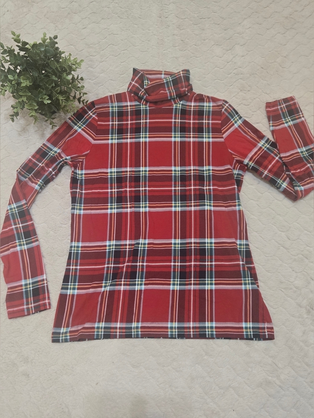 Lands' End Tartan Plaid Shaped Fit Turtleneck Sweater, Size Medium
